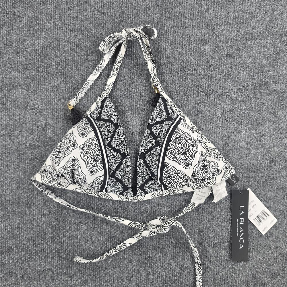 La Blanca Women Size 12 Black White Paisley Halter Bikini Top Tassel NWT